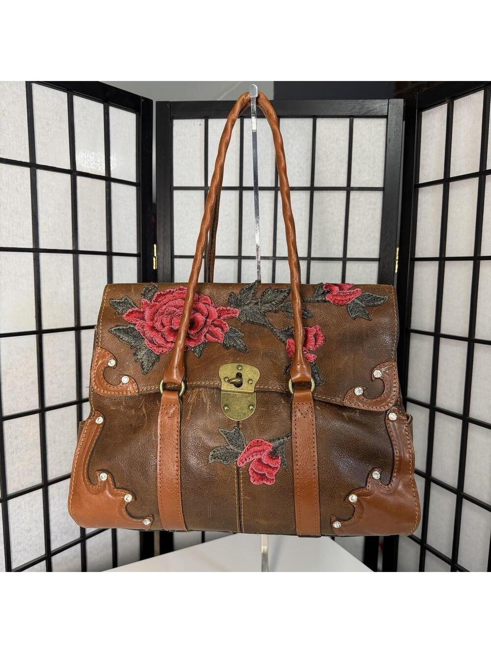 Patricia Nash Italian Leather Rose Embroidered Flap Satchel Brown Boho Bag